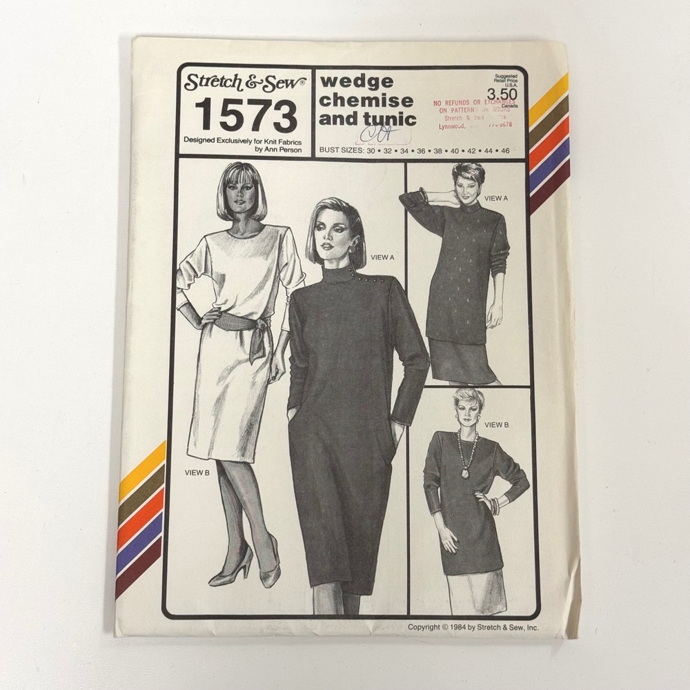 Vintage Stretch & Sew Pattern #1573 Wedge Chemise Tunic Bust size 30-46 UNCUT